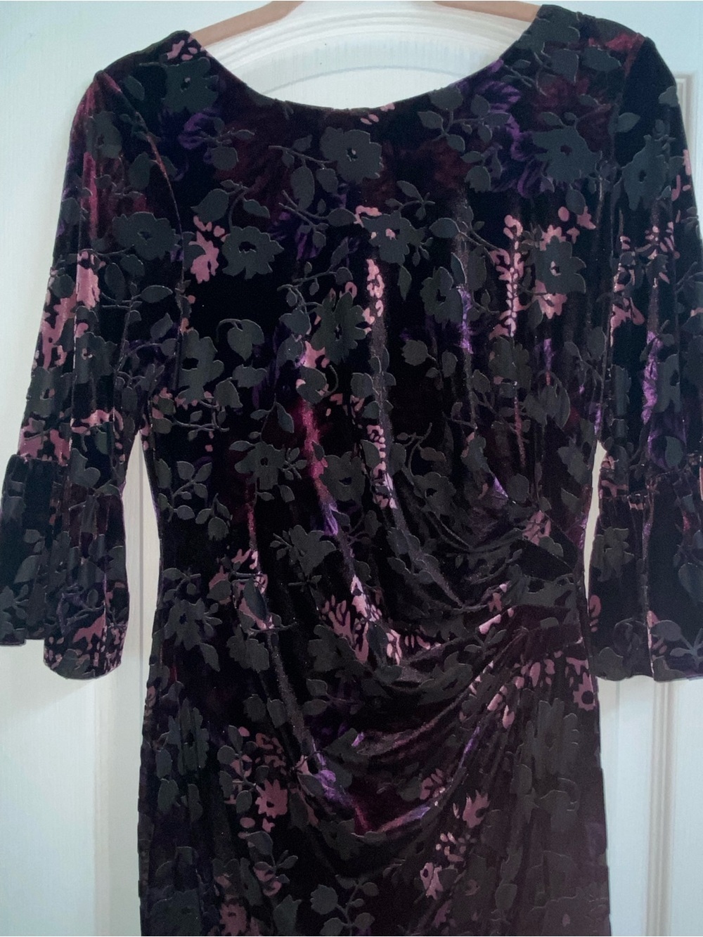 Adrianna Papell Floral Velvet Burnout Ruched Party Sheath Black Purple Dress 6 - Picture 6 of 16